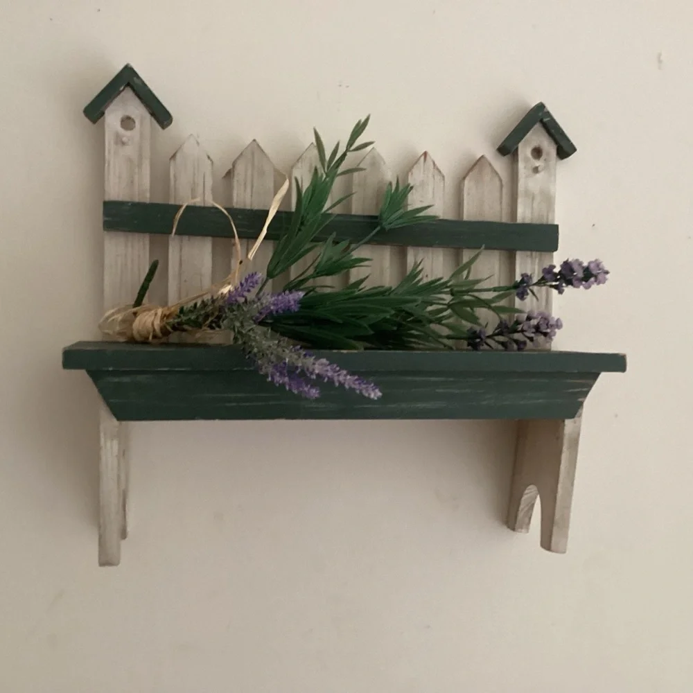 Rustic Green and Cream Wall Shelf with Planter